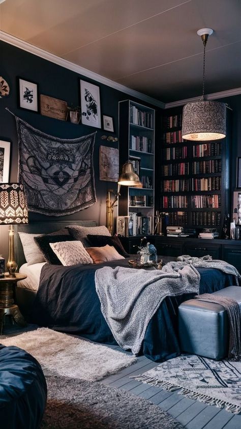 A cozy and chic boho-style bedroom in shades of black, gray, and white. The room features a plush king-size bed adorned with various pillows, a vintage-style brass lamp, and a bohemian-style tapestry hanging above it. The walls are adorned with eclectic framed artwork and a large dark wood bookshelf filled with books. A soft, shaggy rug lies on the floor, and a patterned lampshade casts warm light throughout the room. The overall ambiance is cozy, inviting, and stylishly eclectic., photo Bedroom Wall Decor Above Bed Modern, Luxury Boho Bedroom, Home Haunted House, Black Boho Style, Dark Boho Bedroom, Opulent Bedroom, Bedroom Wall Decor Above Bed, Haunted House Decor, Luxury Boho