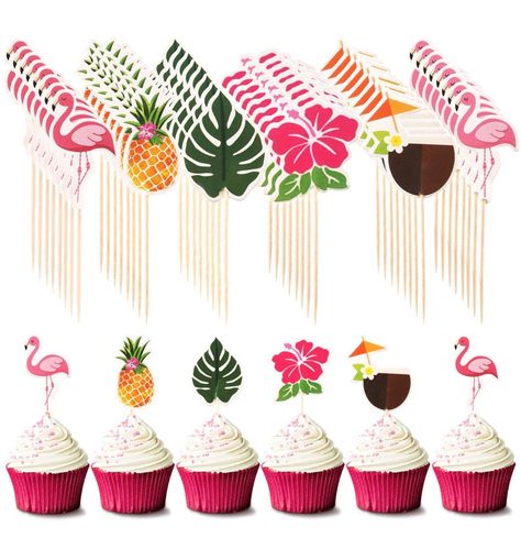 Cupcake picks Hawaiian Cupcakes, Luau Cupcakes, Tropical Cupcakes, Tropical Theme Party, Luau Party Decorations, Tropical Party Decorations, Beach Birthday Party, Beach Party Decorations, Beach Themed Party