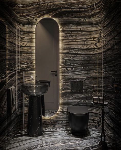 Half Bathroom Ideas Modern, Black Washroom, Powder Room Black, Modern Powder Room Design, Luxury Powder Room, Modern Powder Room, Restroom Design, Copper Wire Lights, Dark Modern