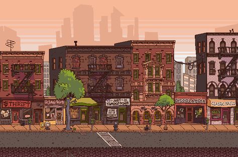 Urban Buzz city street Scott Pilgrim Game, Waterfall Artwork, Pixel City, Game Background Art, City Games, City Background, Pixel Art Games, Low Poly Art, Pixel Art Design