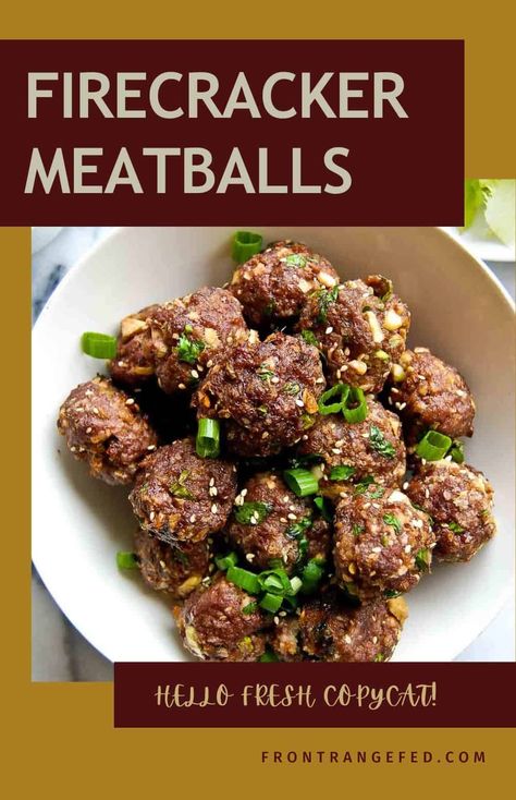 These easy Firecracker Meatballs are a delicious copycat recipe from the Hello Fresh Recipe! Simple ingredients, including ground beef, spices, and sesame seeds give this Asian-inspired dish amazing flavor. And, a delicious dipping sauce tuns these into the perfect appetizer. These easy meatballs are baked, but can also be air-fried for an even healthier alternative.Enjoy fresh or freeze them later.  Get this and other easy recipes at www.frontrangefed.com. Firecracker Meatballs, Beef Spices, Easy Asian Noodles, Garlic Green Bean Recipes, Easy Meatballs, Fresh Recipe, Hello Fresh Recipes, Asian Inspired Dishes, Meatballs Easy