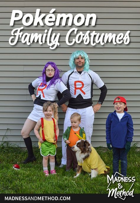 Looking for an easy costume for multiple people? Check out these family Pokémon character costumes with easy to find items and simple DIYs! Toddler Pokemon Costume, Pokemon Costumes Diy, Pokemon Family, Pikachu Tail, Family Costumes Diy, Halloween Food Crafts, Simple Diys, Pokemon Costumes, Red Suspenders