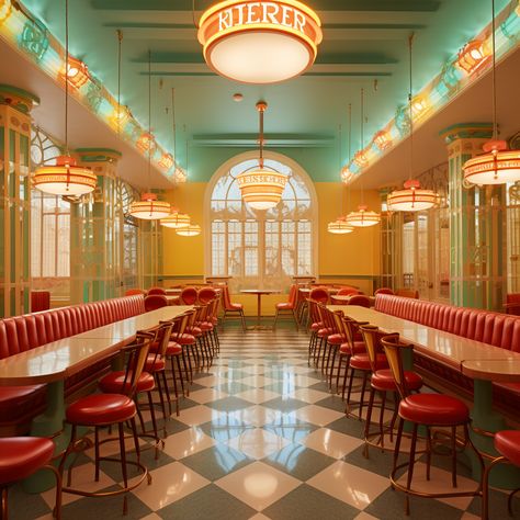 Wes Anderson Kitchen, Wes Anderson Restaurant, Wes Anderson Cinematography, Wes Anderson Green Aesthetic, Wes Anderson Set Design Interiors, Wes Anderson Interior, Wes Anderson Cafe, Wes Anderson Aesthetic Decor, Retro Restaurant Design