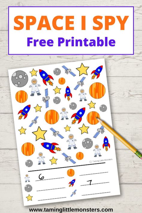 Space I Spy - Free Printable for Kids. Great way for preschoolers and kindergartners to practice counting. #space #freeprintable #math #preschool #kindergarten Space Lesson Plans, Outer Space Activities, Space Theme Preschool, Math Preschool, Space Activities For Kids, Space Lessons, Space Preschool, Free Printables For Kids, Solar System Crafts