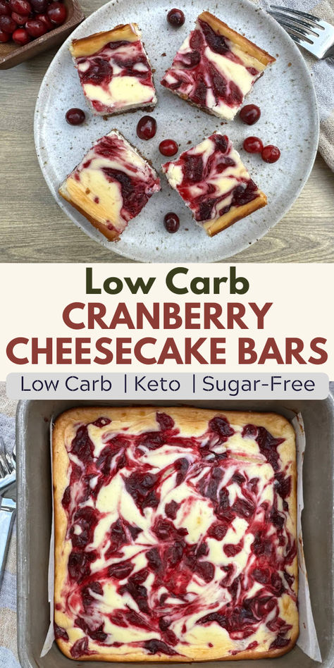 You don't have to like cranberry sauce to love these keto and low carb cranberry cheesecake bars! As long as you love a creamy cheesecake with a sweet yet tangy sauce, then you'll love these bars. Plus, they're made with a crunchy pecan crust, which is absolutely delicious! Keto Cranberry Recipes, Cranberry Cheesecake Recipes, Low Carb Christmas Recipes, Keto Pies, Cranberry Cheesecake Bars, Fresh Cranberry Recipes, Keto Cranberry, Low Carb Christmas, Cranberry Dessert