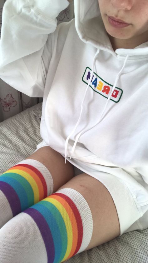 dream merch pride hoodie thighs rainbow socks thigh highs no face oversize hoodie Oversized Hoodie And Thigh High Socks, Hoodie And Thigh High Socks, Thigh High Socks Outfit Aesthetic, Thigh High Socks Outfit, Oversized Hoodie Outfit, Skirt And Thigh Highs, High Socks Outfits, Pride Hoodie, Baggy Shirts