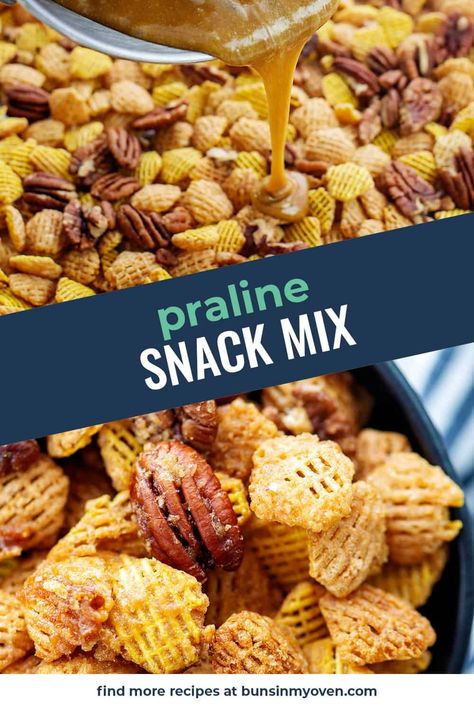 The ultimate Praline Crunch Snack Mix - Crispix cereal and pecans coated in a buttery brown sugar sauce! This snack mix has been known as Crack Cereal in our house, because it's impossible to stop munching once you start! Cereal Snack Mix Recipes, Crispix Snack Mix, Praline Crunch, Crispix Cereal, Sweet Chex, Brown Sugar Sauce, Caramel Treats, Cereal Snacks, Chex Mix Recipes