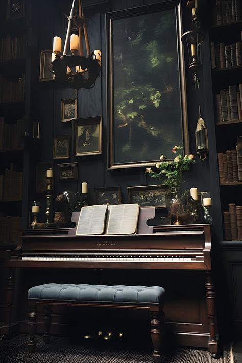 Vintage Dark Academia aesthetic room with a grand piano, framed art, and rustic decor. Dark Academia Piano Room, Dark Academia Common Room, Dark Academia Living Room Rug, Dark Academia Piano Aesthetic, Dark Academia Living Room White Walls, Japandi Dark Academia, Room Makeover Dark Academia, Vintage Piano Decor Ideas, Dark Piano Room