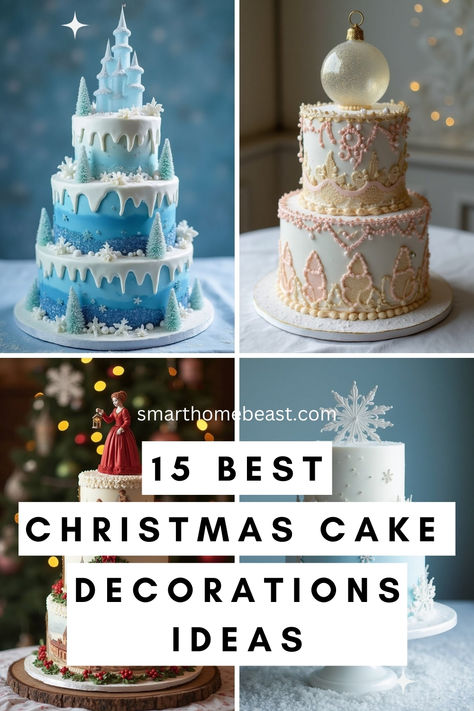 An image featuring stunning Christmas cake decoration ideas, showcasing winter-themed cakes, vintage-inspired designs, elegant snowflake details, and festive color palettes to inspire the holiday spirit. Snowflake Theme Cake, Amazing Christmas Cakes, Holiday Cakes Winter, White Christmas Cake Ideas, Pretty Christmas Cakes, Winter Themed Cakes Birthday, Christmas Cake Fondant Decorating Ideas, Christmas Dessert Ideas Cake, Winter Themed Cakes