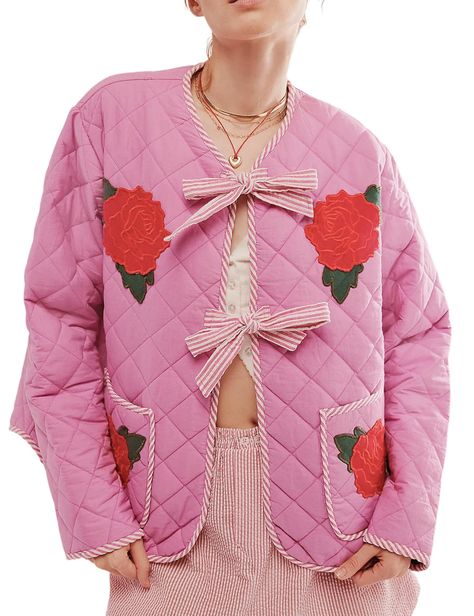 PRICES MAY VARY. Hand Wash Only Jacket Cardigan, Pink Jacket, Boho Print, Quilted Jacket, Puffer Coat, Puffer Jacket, Puffer, Floral, Pink