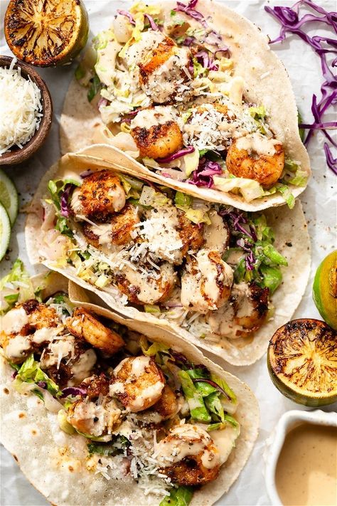 Blackened Shrimp Tacos with Caesar Slaw – SideDish Shrimp Tacos With Slaw, Blackened Shrimp Tacos, Slaw For Shrimp Tacos, Tacos With Slaw, Paleo Lunches, The Defined Dish, Lunch For Work, Defined Dish, Chipotle Ranch