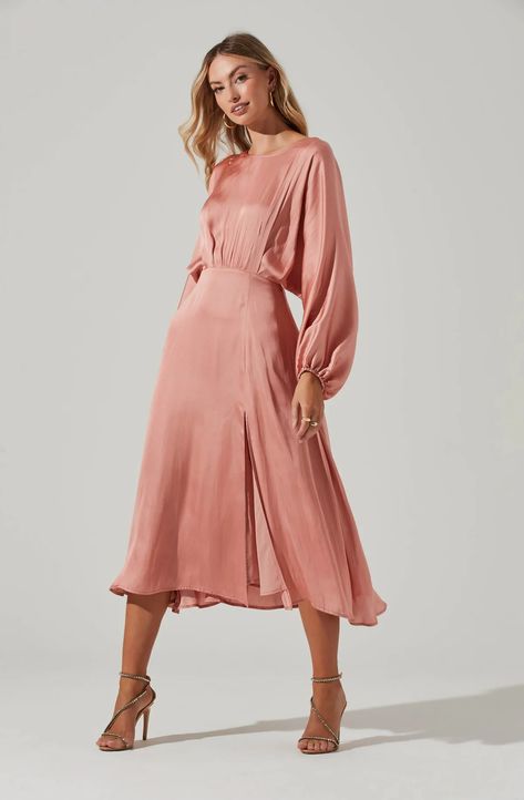 Wedding Guest Dresses Long Sleeve, Wedding Guest Outfit Sleeves, Long Sleeve Modest Dress, Blush Mother Of The Bride Dress, Wedding Guest Long Sleeve Dress, Satin Dress Outfit Casual, Modest Wedding Guest Dress, Bridesmaid Dresses Long Sleeve, Long Sleeve Wedding Guest Dress