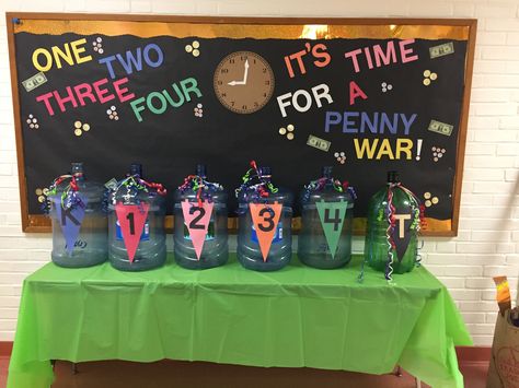 Penny war bulletin board Pbis Fundraising Ideas, March Student Council Ideas, Elementary School Competitions, Pto Membership Ideas, Ptfa Ideas Fundraising Schools, School Booster Club Ideas, Fun School Fundraising Ideas, Pta Fundraising Ideas School Fundraisers, Pta Ideas Events