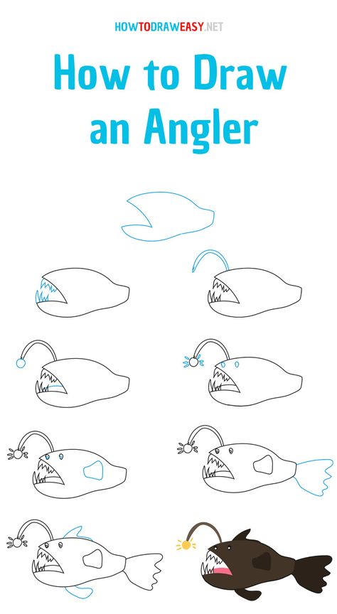 How to Draw an Angler Fish - How to Draw Easy Anglerfish Drawing, Angler Fish Drawing Easy, How To Draw An Angler Fish, Basic Fish Drawing, Trigger Fish Drawing, Angler Fish Drawing, How To Draw Nemo, Angler Fish Coloring Page, Angler Fish Art