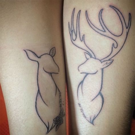 Couple tattoo Deer Tattoo Outline, Couples Deer Tattoos, Country Couple Tattoos, Thumbprint Tattoo, Couple Tat, Him And Her Tattoos, Couple Tattoos Love, Maching Tattoos, Small Couple Tattoos