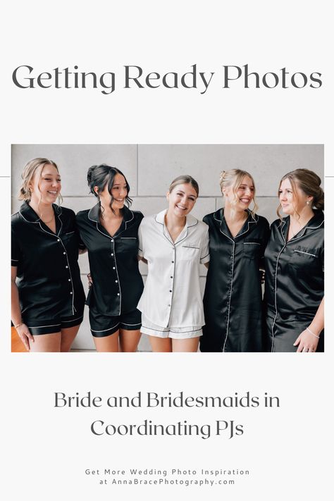 Lindsey and her bridesmaids had so much fun getting ready for this beautiful wedding. They wore coordinating black and white PJs. Black And White Pajamas Wedding, Black And White Pjs, Bride And Bridesmaid Pictures Pjs, Classy Black And White Wedding, Black And White Bridal Party Getting Ready, White Pjs, Funny Bridesmaid Getting Ready Photos, Black And White Getting Ready Photos, Getting Ready Wedding