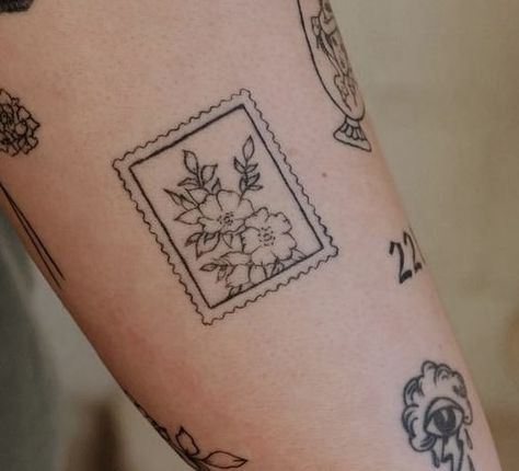 Quilt Square Tattoo, Framed Flower Tattoo, Stamp Tattoo Ideas, Square Tattoo, Woodcut Tattoo, Bicycle Tattoo, Framed Tattoo, Small Tats, Japan Tattoo