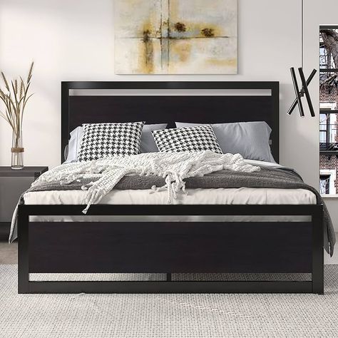 Amazon.com: SHA CERLIN Queen Size Bed Frame with Modern Wooden Headboard/Heavy Duty Platform Metal Bed Frame with Square Frame Footboard & 13 Strong Metal Slats Support/No Box Spring : Home & Kitchen Modern Wooden Headboard, Ham House, Queen Size Bed Frame, Metal Platform Bed Frame, Full Size Platform Bed, Full Size Bed Frame, Wooden Headboard, House Layout, Queen Size Bed Frames