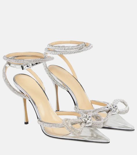 Mach And Mach Heels, Embellished Heels, Sparkly Heels, Silver Pumps, Double Bow, Designer Pumps, Bow Heels, Satin Pumps, Clear Heels