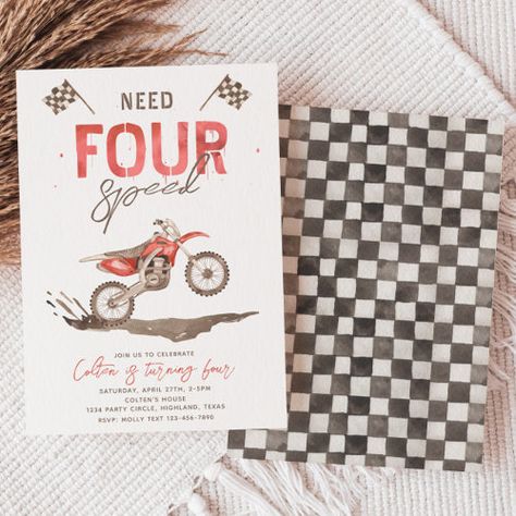 Need Four Speed Birthday Invitation 4Th #zazzle #weddinginvitations #birthdayinvitations #babyshowerinvitations #zazzleinvitations #monogram #businesscards #graduation #homedecor Speed Limit 3 Birthday, Four Year Old Boy Birthday Themes, Need Four Speed Birthday, Need Four Speed, 4th Birthday Party For Boys, Bike Birthday Parties, 4th Birthday Boys, Bike Party, Bike Birthday