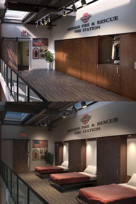 Fire Station Architecture, Police Station Interior, Fire Station Design, Murphy Wall Bed, Government Office, Fire Officer, Bed Hardware, Fire Hall, Murphy Wall Beds