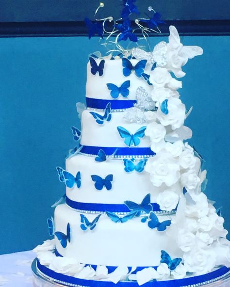 Quince Dresses Royal Blue Butterfly, Royal Blue Butterfly Quince Dress, Blue Butterfly Wedding Theme, Royal Blue Cake Quinceanera, Wedding Cake Structures, Blue Butterfly Quinceanera Theme, Butterfly Quince Theme, Royal Blue Quinceanera Theme, Blue Wedding Theme Centerpieces