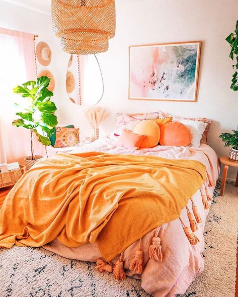 Golden sunset vibes in the bedroom  Did a lil refresh with these colorful @kipandcousa goodies and now it feels like a permanent golden hour  #casalaurelcanyon Orange Rooms, Boho Bedroom Design, Sunset Vibes, Deco Studio, Bedroom Orange, Golden Sunset, In The Bedroom, Design Living Room, Room Ideas Bedroom