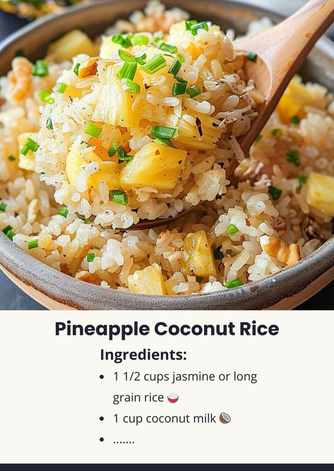 (3) Tasty Cooking - easy & yummy | Pineapple Coconut Rice 🍍🍚 | Facebook Coconut Pineapple Rice Recipe, Coconut Pineapple Rice, Pineapple Rice Recipes, Hawaiian Rice, Coconut Jasmine Rice, Pineapple Rice, Roasted Pineapple, Thai Rice, Rice Side