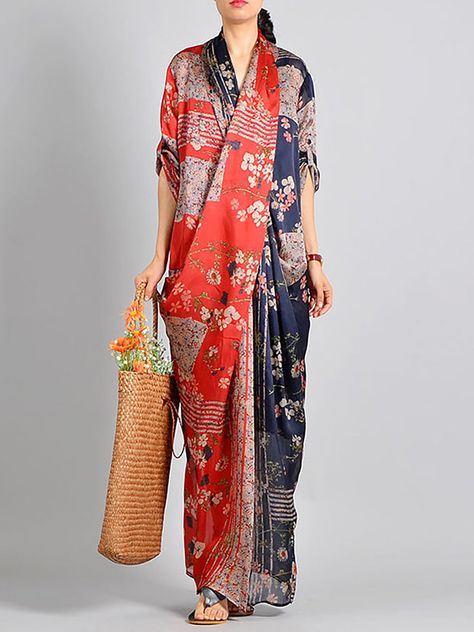 Plus Size - Spliced Floral Print Vintage Tencel Women Dress – BUYKUD Silk Robes, Mode Kimono, Stitching Dresses, Estilo Hippie, Print Dresses, Loose Dress, Spring Dress, Linen Dresses, Mode Inspiration