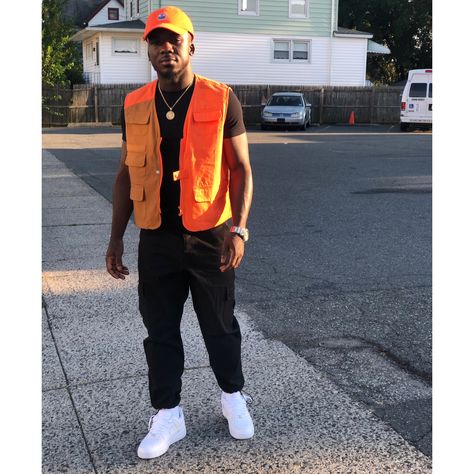 Orange Vest Outfit Men, Orange Vest Outfit, Vest Outfits Men Streetwear, Vest Outfits Men, Masc Outfits, Vest Outfit, Men Streetwear, Vest Outfits, Hip Hop Fashion