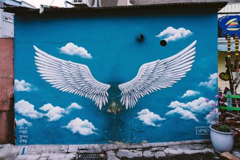 Angel Wings Drawing, Angel Wings Wall Art, Garden Mural, Angel Wings Wall, Kindergarten Design, Wings Drawing, Colorful Murals, Art Village, Wall Painting Decor