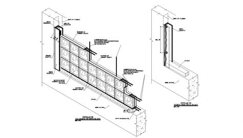 Glass block paneling detail in dwg AutoCAD file. Glass Block Installation, Glass Vitrine, Ventilation Block, Wall Section Detail, Cad Blocks Free, Glass Blocks Wall, Curtain Wall Detail, Brick Detail, Brick Construction