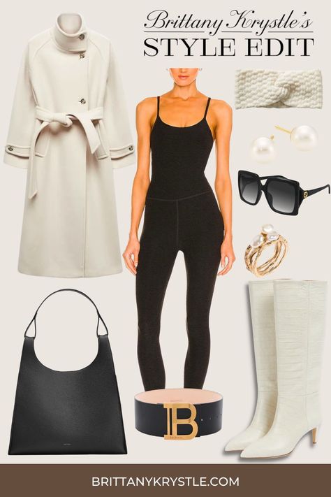 If you're wondering how to style a one piece body suit (unitard, catsuit, jumpsuit, full length body suit) for fall and winter, this black and cream outfit is a chic cold weather outfit idea for women. Black Unitard Outfit, Catsuit Outfit Jumpsuits, Unitard Outfit Ideas, One Piece Body Suit Outfit, Parisian Chic Style Fall, Full Body Suit Outfits, Classy Parisian Style, Unitard Outfit, Black Unitard