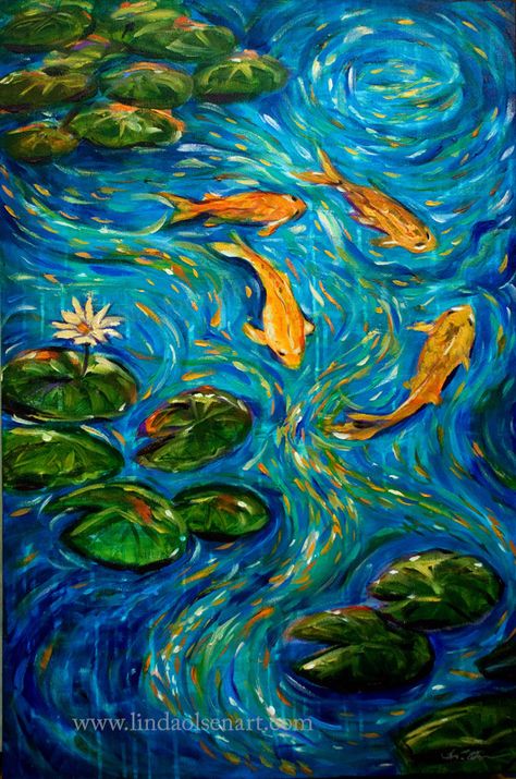 Here are two of my koi series of paintings. I have sold several paintings over the years with this theme and still I revist. The tall one is... Monet Garden Giverny, Rhythm Art, Movement Art, Monet Garden, Koi Painting, Pond Painting, Koi Art, Monet Water Lilies, Principles Of Art