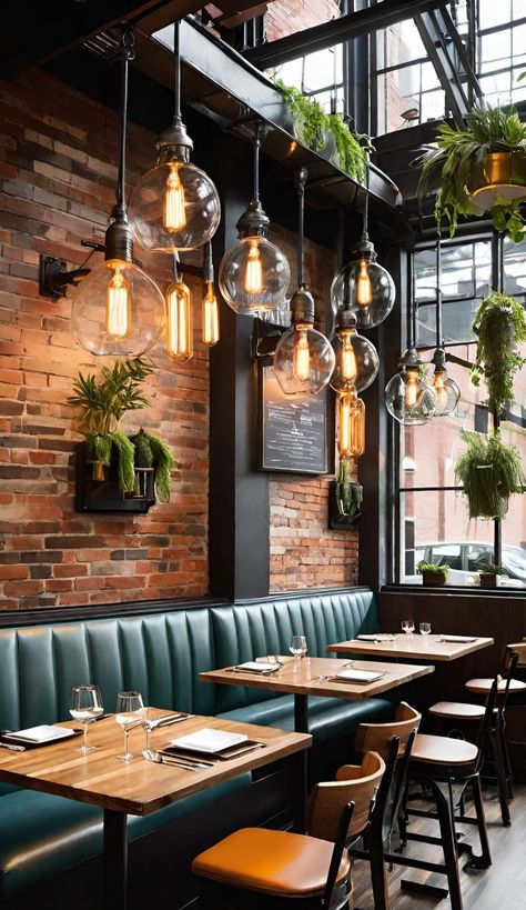 Brick Wall Interior Restaurant, Hospitality Design Restaurant, Gastropub Interior, Restaurant Aesthetic Pictures, Restaurant Interior Design Modern, Industrial Restaurant Design, Rustic Restaurant Interior, Boho Restaurant, Restaurant Details