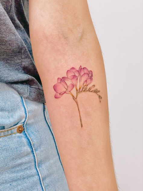 Fushia Tattoo, Fresias Tattoo, Cyclamen Tattoo, Fuschia Tattoo, Freesia Tattoo, Pink Flower Tattoos, Colored Tattoos, Tattoo Floral, Freesia Flowers