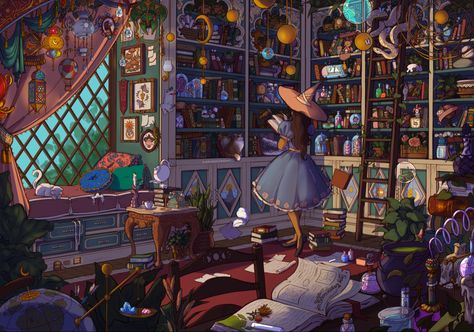 Wizards Study Room, Witch Room Concept Art, Witch Study Room, Witch Room Illustration, Witch Library, Room Ideas Drawing, Fairy Oak, Wizard House, Witch Drawing