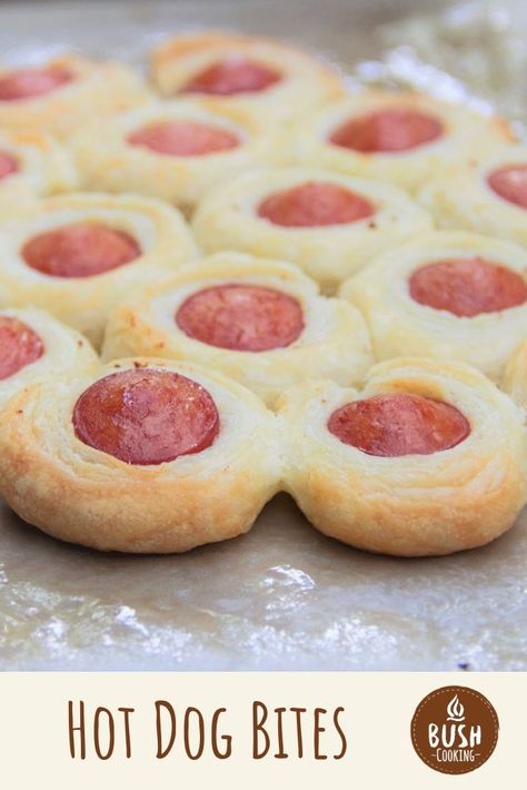 Hot Dog Bites, Hot Dog Appetizers, Puff Pastry Appetizers, Best Appetizer Recipes, Crescent Roll Recipes, Hot Dog Recipes, Recipes Appetizers And Snacks, Puff Pastry Recipes, Finger Food Appetizers