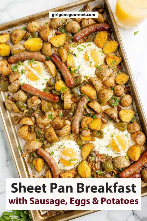 A complete breakfast cooked on one sheet pan is perfect for a weekend or holiday breakfast! This sheet pan breakfast, with sausage, seasoned potatoes, and eggs, is cooked on a baking sheet in the oven for easy serving and clean-up. Breakfast With Sausage, Sheet Pan Breakfast, Potatoes And Eggs, Complete Breakfast, Best Egg Recipes, Breakfast Sides Dishes, Family Breakfast Recipes, Easy Egg Recipes, Oven Baked Recipes