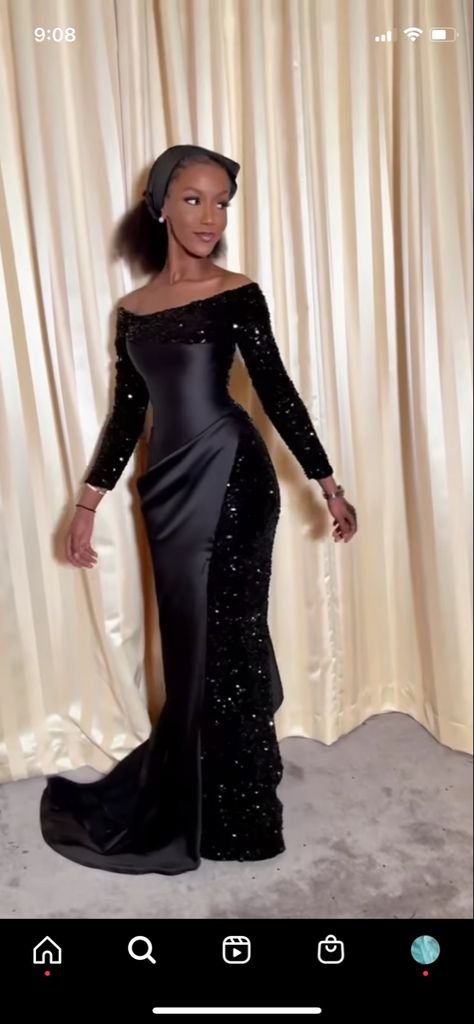 Nigerian Elegant Dresses, Decent Dinner Gowns, Nigerian Black Dress, Long African Dresses Church, Decent Dinner Dresses, Nigerian Graduation Dress, Sequence Dinner Gown Styles, Black Law Dinner Gowns, Formal African Dresses