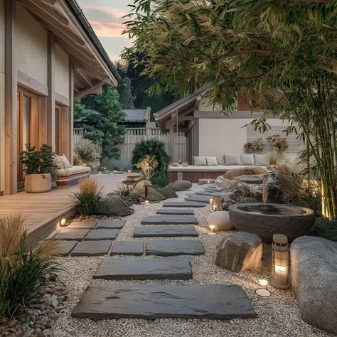 Mediterranean Zen Garden, Zen House Exterior, Japanese Zen Garden Backyard, Zen Courtyard, Japandi Garden, Zen Garden Backyard, Japanese Backyard, Zen Backyard, Entry Garden