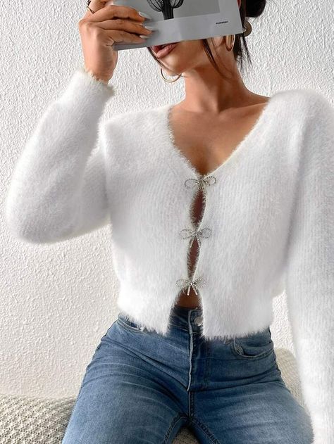 Free Returns ✓ Free Shipping On Orders $49+ ✓. SHEIN Rhinestone Bow Front Fluffy Knit Cardigan- Women Cardigans at SHEIN. Fluffy Sweater Outfit, Winter White Sweater, Fluffy Cardigan, Fluffy Knit, Bow Sweater, Fur Sweater, Knitting Women Cardigan, Cropped Cardigan Sweater, Pullover Outfit