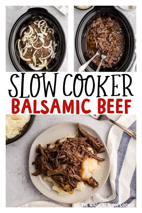 Slow Cooker Balsamic Beef Pot Roast Kettle Beef, Slow Cooker Balsamic Beef, Balsamic Pot Roast, Beef Roasts, Magical Slow Cooker, Easy Crockpot Meals, Pot Roast Crock Pot Recipes, Easy Pot Roast, The Magical Slow Cooker