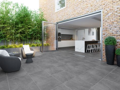 Dakota Dark Grey Outdoor Riven Porcelain Slabs Tiles - Tiles from Tile Mountain Tile Patio, Outdoor Tiles Floor, Outdoor Tile Patio, Porcelain Slab, Outdoor Tile, Modern Patio Design, Grey Patio, Porcelain Paving, Backyard Dreams