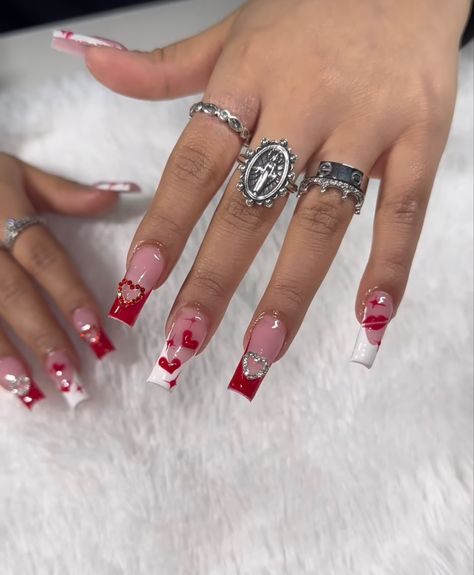 Hearts Design Nails, Medium Nails Acrylic Valentines, Cupid Acrylic Nails, Matching Nails With Best Friend Valentines, Red Nail Art Acrylic Nails, Valentines Nail Inspo 2023, Red Design Nails Short, Valentine’s Day Nails Acrylic Square, Red Nail Set Valentines