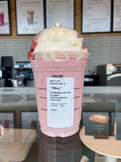 Follow PeachyT__ on Instagram for more 🧡 Starbucks Drinks Frappuccino Strawberry, Starbucks Strawberries And Cream, Strawberry And Cream Starbucks Drink, Strawberry Cream Frappe Starbucks, Starbucks Strawberry Frappuccino Aesthetic, Starbucks Menu, Starbucks Secret Menu, Secret Menu, Starbucks Recipes