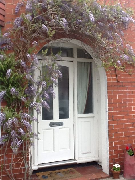 Wisteria Wisteria Over Front Door, Wisteria House Entrance, Wisteria Front Door, Arched Front Door, Houses Exterior, Purple Wisteria, Arched Doors, Red Bricks, House Entrance