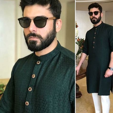 Dark Green Kurta Men, Green Kurta Men, Men Embroidery, Fawad Khan, Kurta Men, Mens Fashion Casual Outfits, Green Outfit, Square Sunglasses Men, Mens Fashion Casual