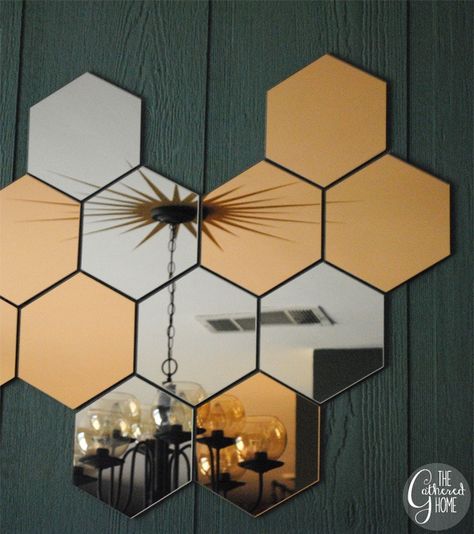 dining-room-midcentury-chandelier-honefoss-mirrors-24 Ikea Honefoss, Honeycomb Mirror, Mirror Repurpose, Upcycle Home, Gold Dining Room, Mirror Decor Living Room, Hexagon Mirror, Dining Room Updates, Ikea Mirror