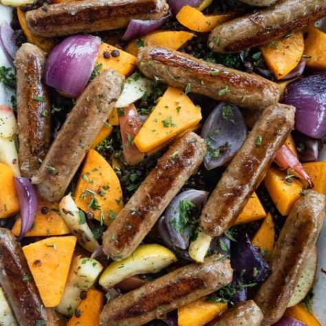 Vegetarian Sausage and Butternut Squash Traybake Butternut Squash And Cranberries, Sausage And Squash, Sausage And Butternut Squash, Italian Sausage Links, Vegetarian Haggis, Butternut Squash Sage, Vegetarian Sausages, Veggie Sausage, Squash Vegetable